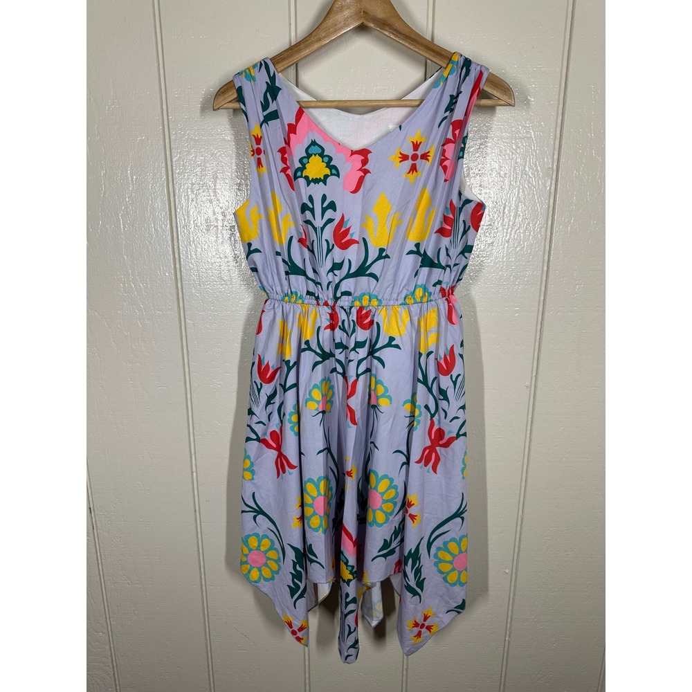 Sunny Fashion Dress Womens 14 Lavender Floral V-Neck Handkerchief Hem Casual